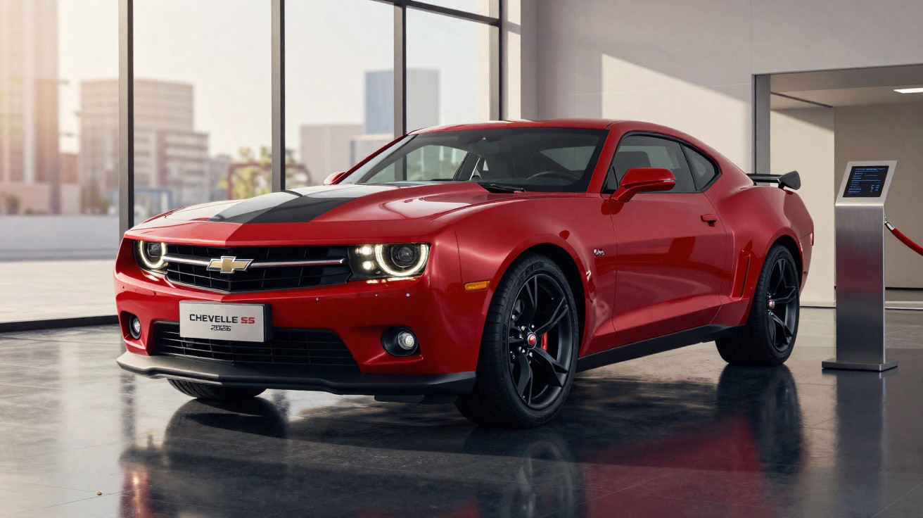 Red Chevrolet Chevelle SS sports car with black racing stripe displayed indoors on reflective floor.