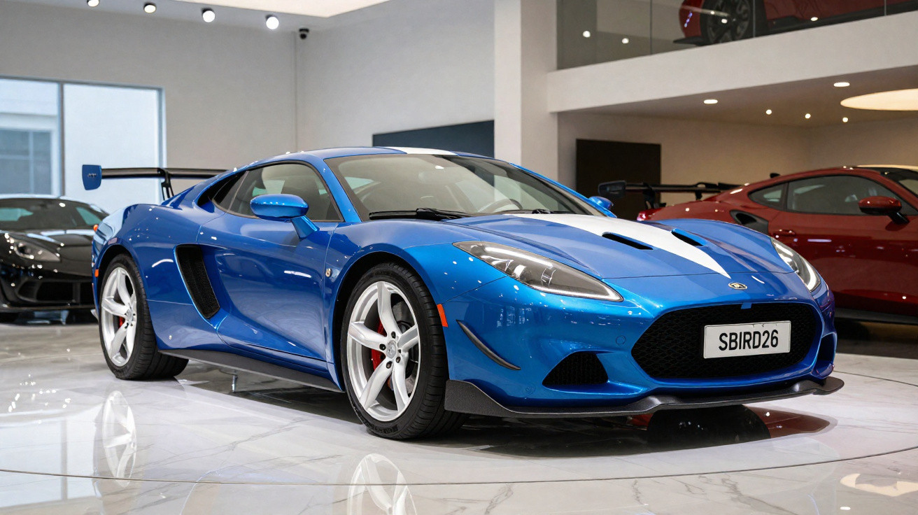 Blue luxury sports car with aerodynamic design displayed indoors on glossy tiled floor