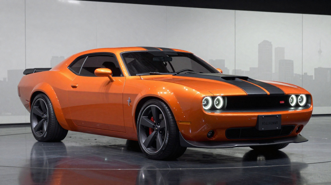 Orange muscle car with black racing stripes on display in a showroom with city skyline backdrop.