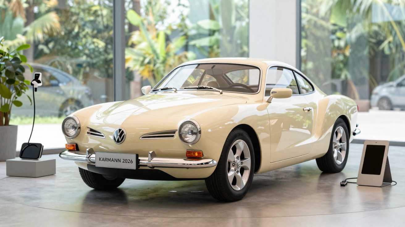 Cream-coloured Volkswagen Karmann 2026 classic car displayed indoors with plants and informational stands nearby.