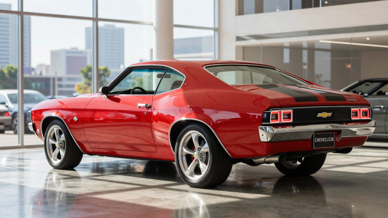 Red classic Chevrolet Chevelle muscle car displayed indoors with cityscape visible through large windows.