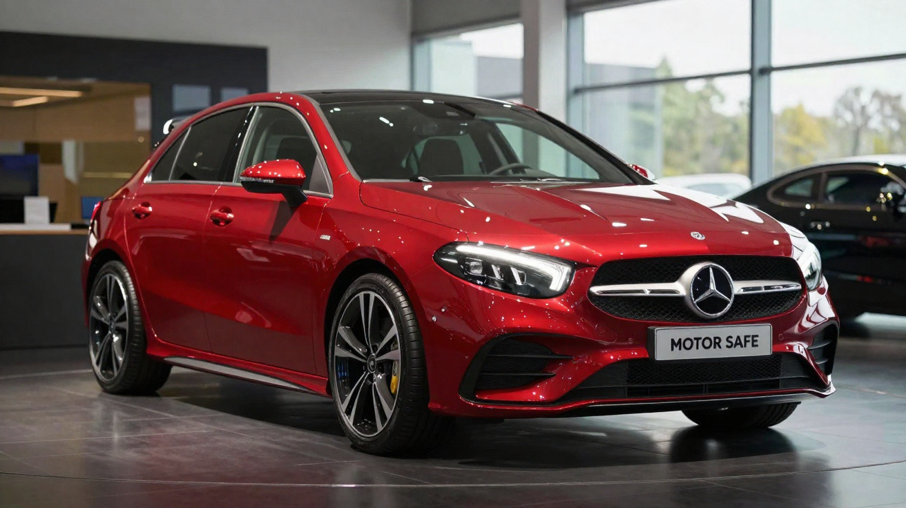 Red Mercedes-Benz sedan displayed indoors with sleek design and alloy wheels.