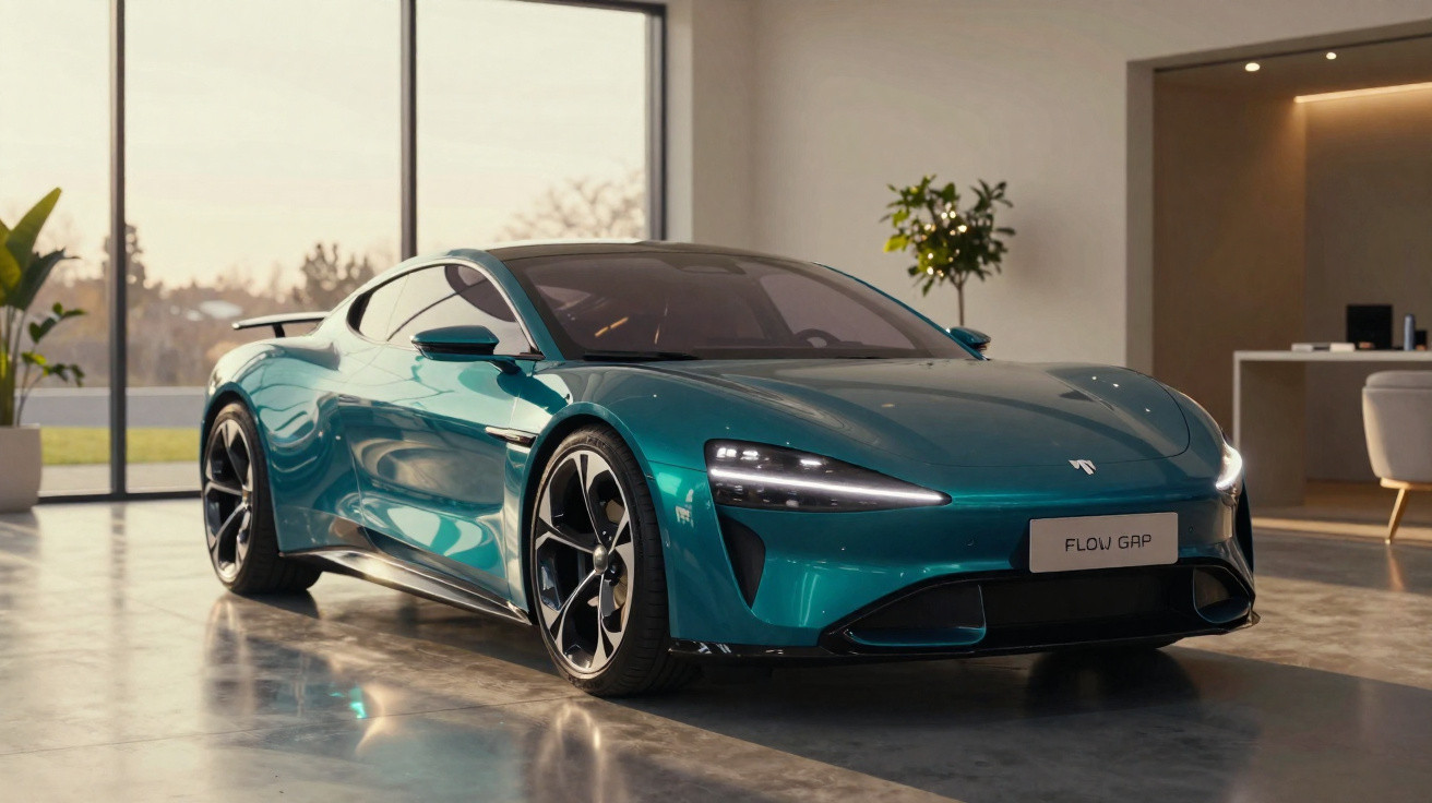 Sleek teal electric sports car with modern LED headlights parked inside a bright showroom with large windows.