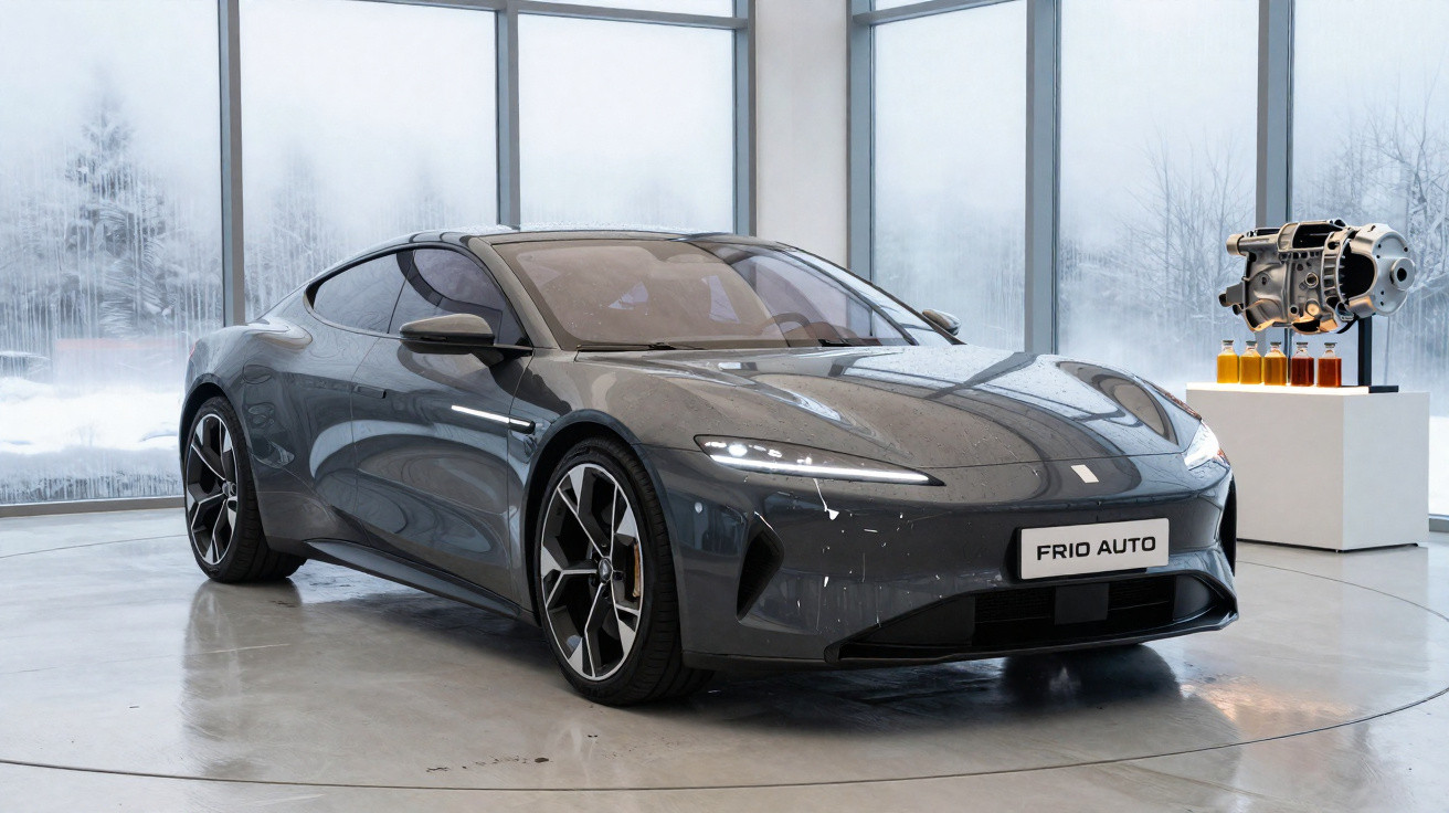 Sleek grey electric sports car displayed indoors with large windows and mechanical parts on a pedestal nearby.