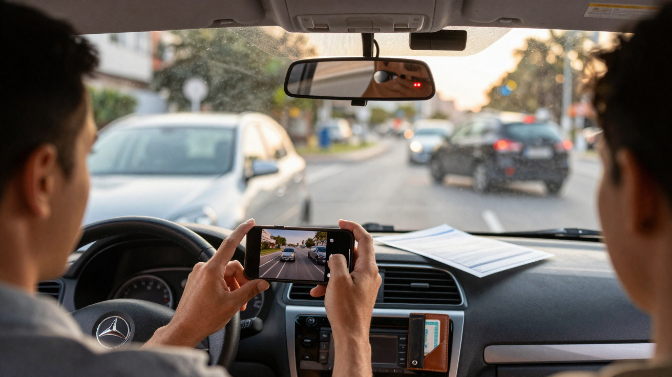 Person inside a car holding a smartphone capturing a video of the road ahead with other vehicles visible.