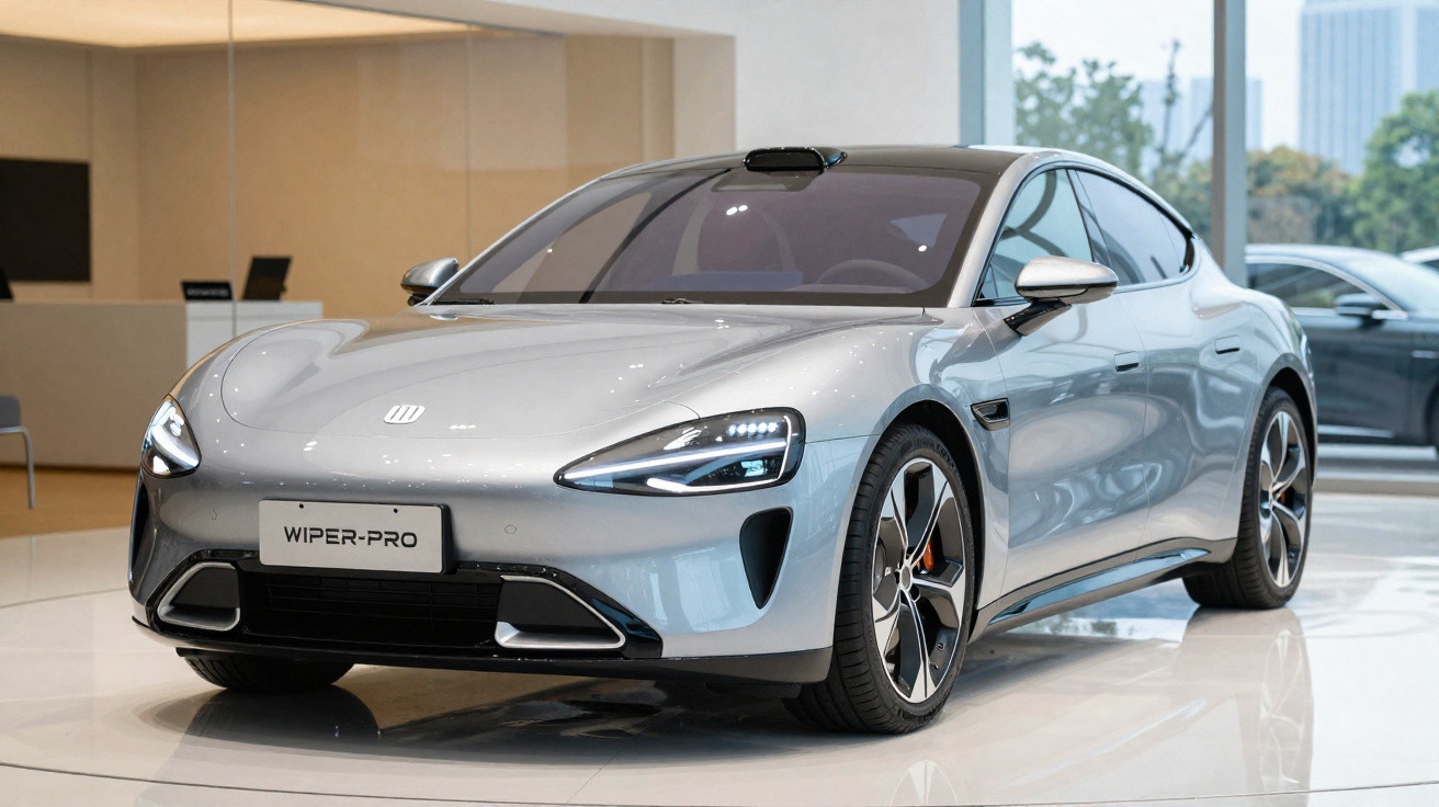 Silver Wiper-Pro electric car displayed in a modern showroom with sleek aerodynamic design.
