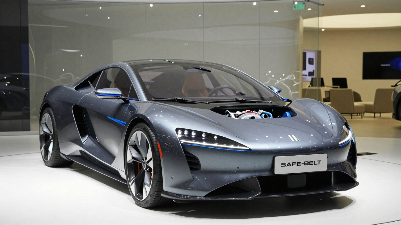 Sleek grey McLaren sports car in showroom with transparent bonnet showing part of the engine.