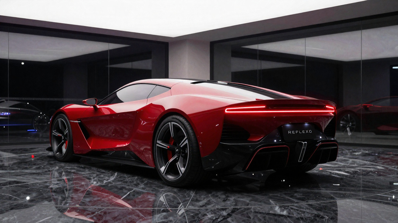 Red futuristic sports car with sleek design parked on glossy marble floor inside a modern showroom with glass walls.