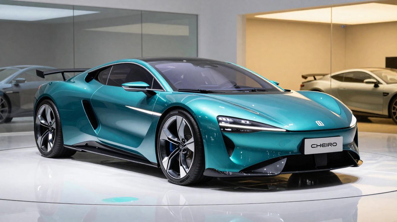 Teal blue Cheiro electric sports car displayed indoors with sleek aerodynamic design and black accents.