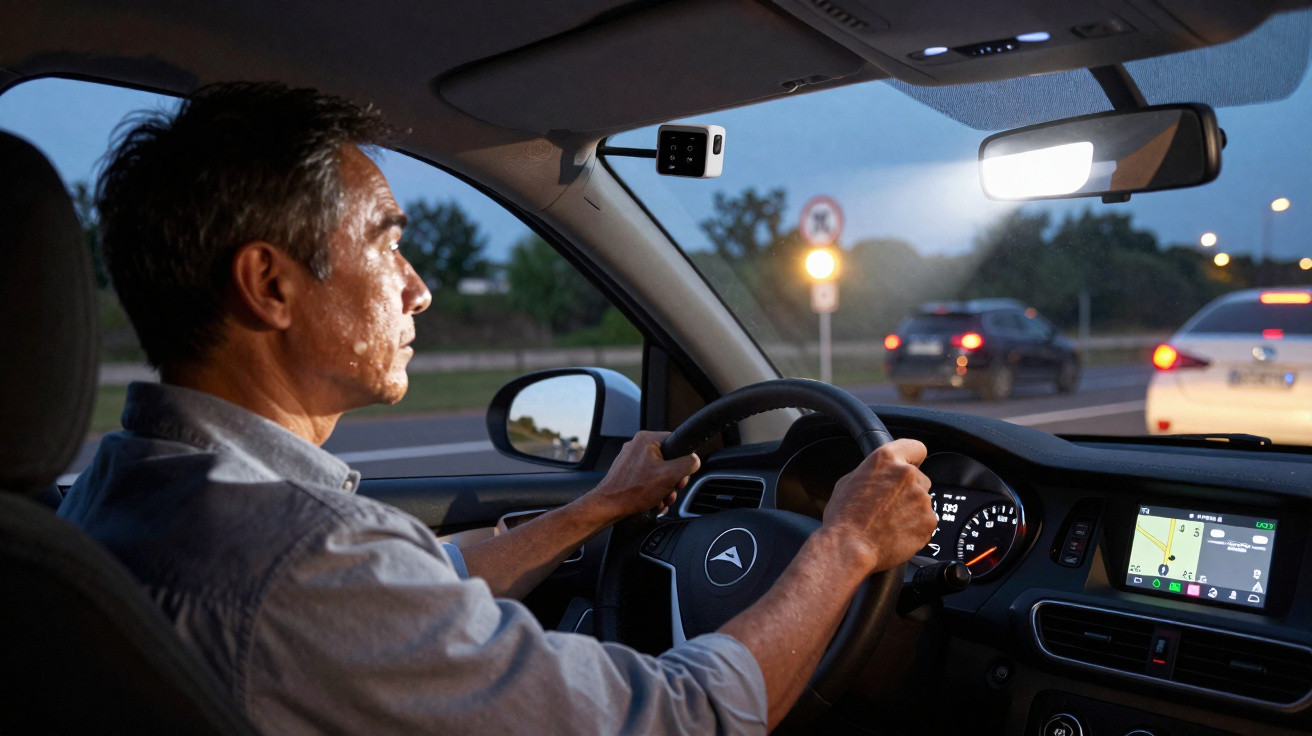 Middle-aged man driving a car at dusk with GPS navigation on the dashboard screen.