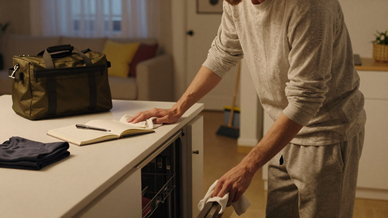 Person cleaning a kitchen counter and dishwasher door with a cloth in a cozy, dimly lit home setting.