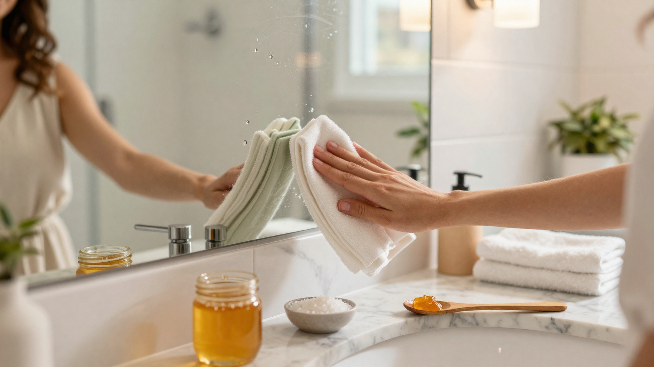 Person cleaning a bathroom mirror with a white cloth on a marble countertop next to honey and salt.