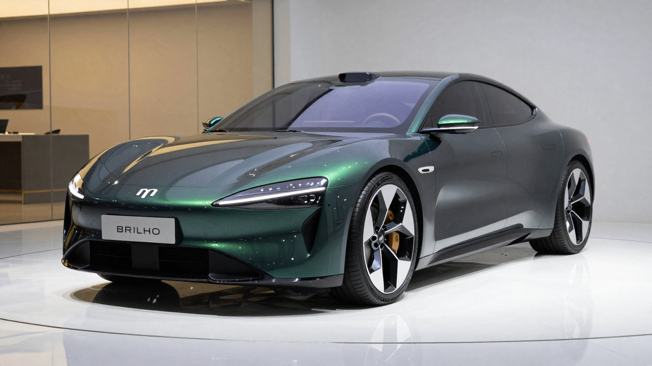 Dark green BRILHO electric sports car displayed on white platform in showroom