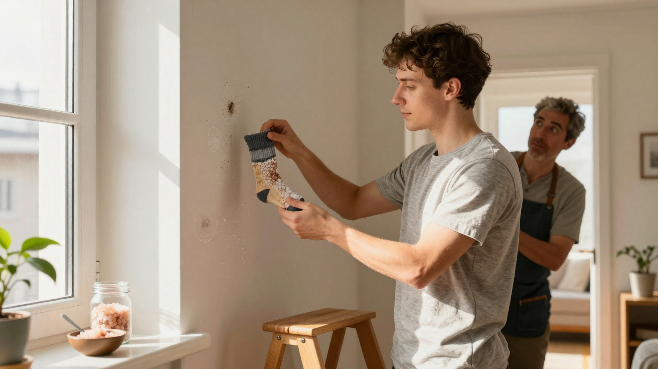 Young man inspecting a patterned sock against a wall, with another man watching from the doorway.