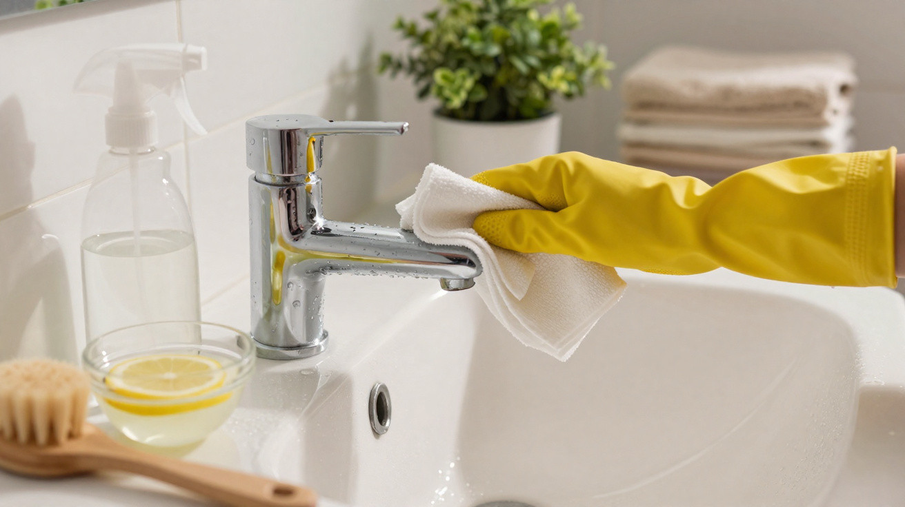 Person wearing yellow gloves cleaning a bathroom sink faucet with a white cloth.
