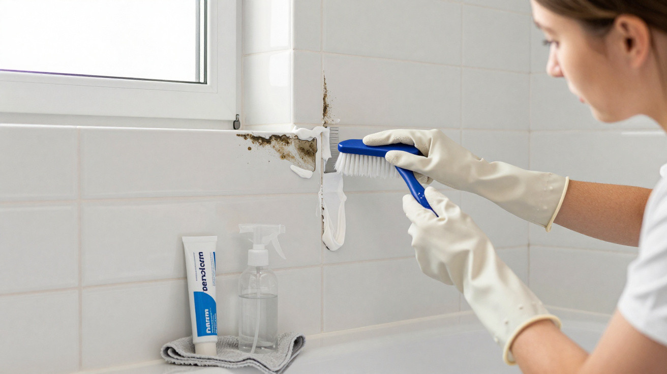 Person wearing gloves scrubbing mouldy grout on bathroom wall tiles near a window with cleaning products nearby.