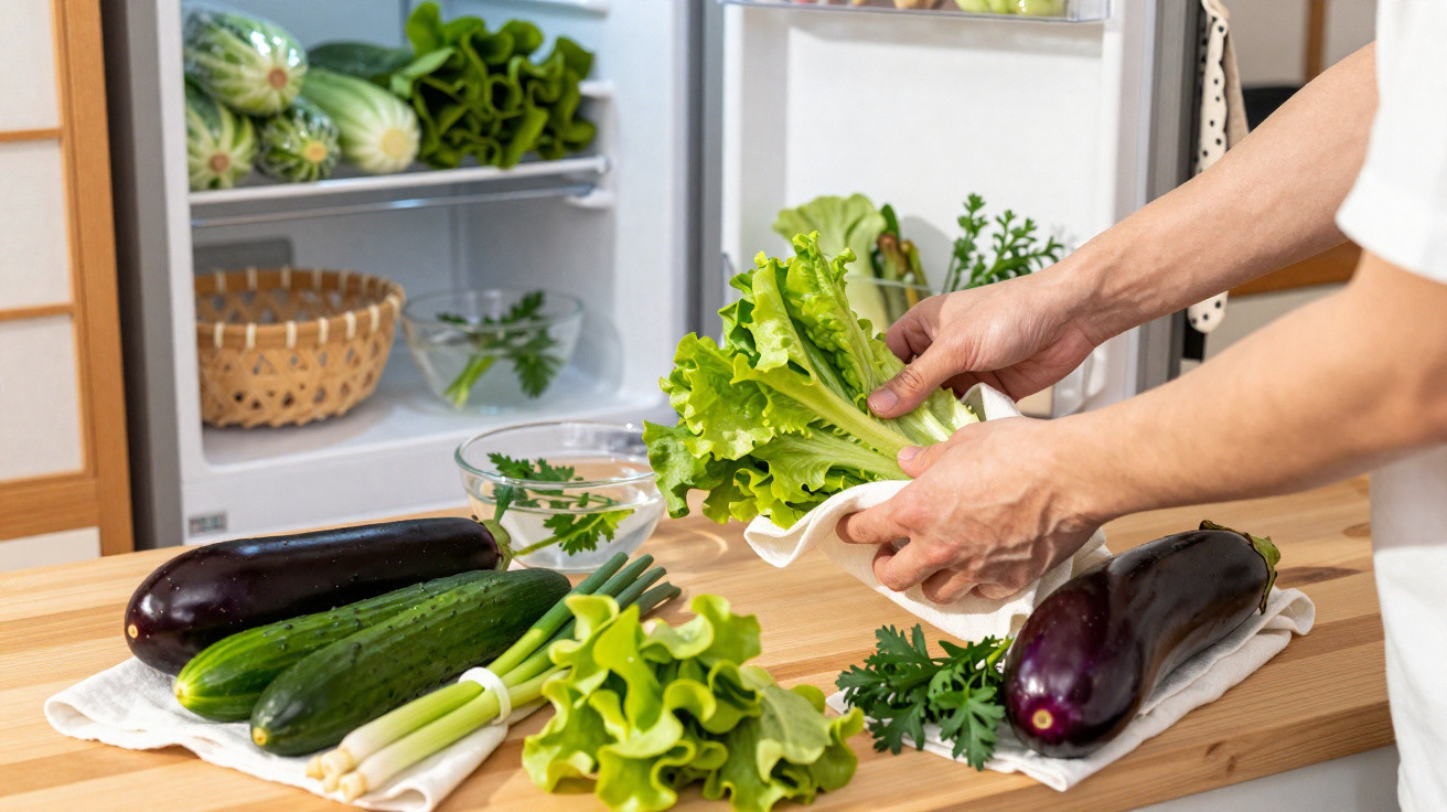 Person placing fresh green lettuce on a wooden kitchen counter with other vegetables nearby and an open fridge.