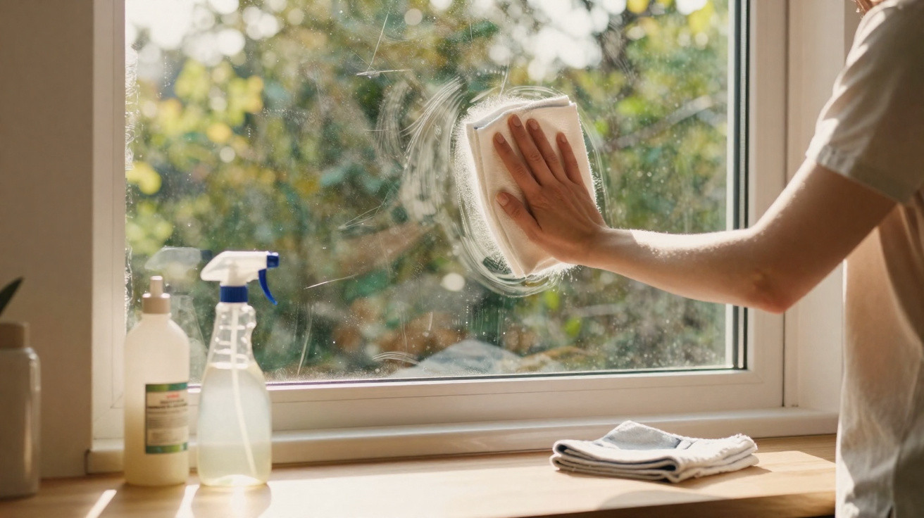 Person cleaning a window with a cloth and spray bottles on the windowsill in natural light.