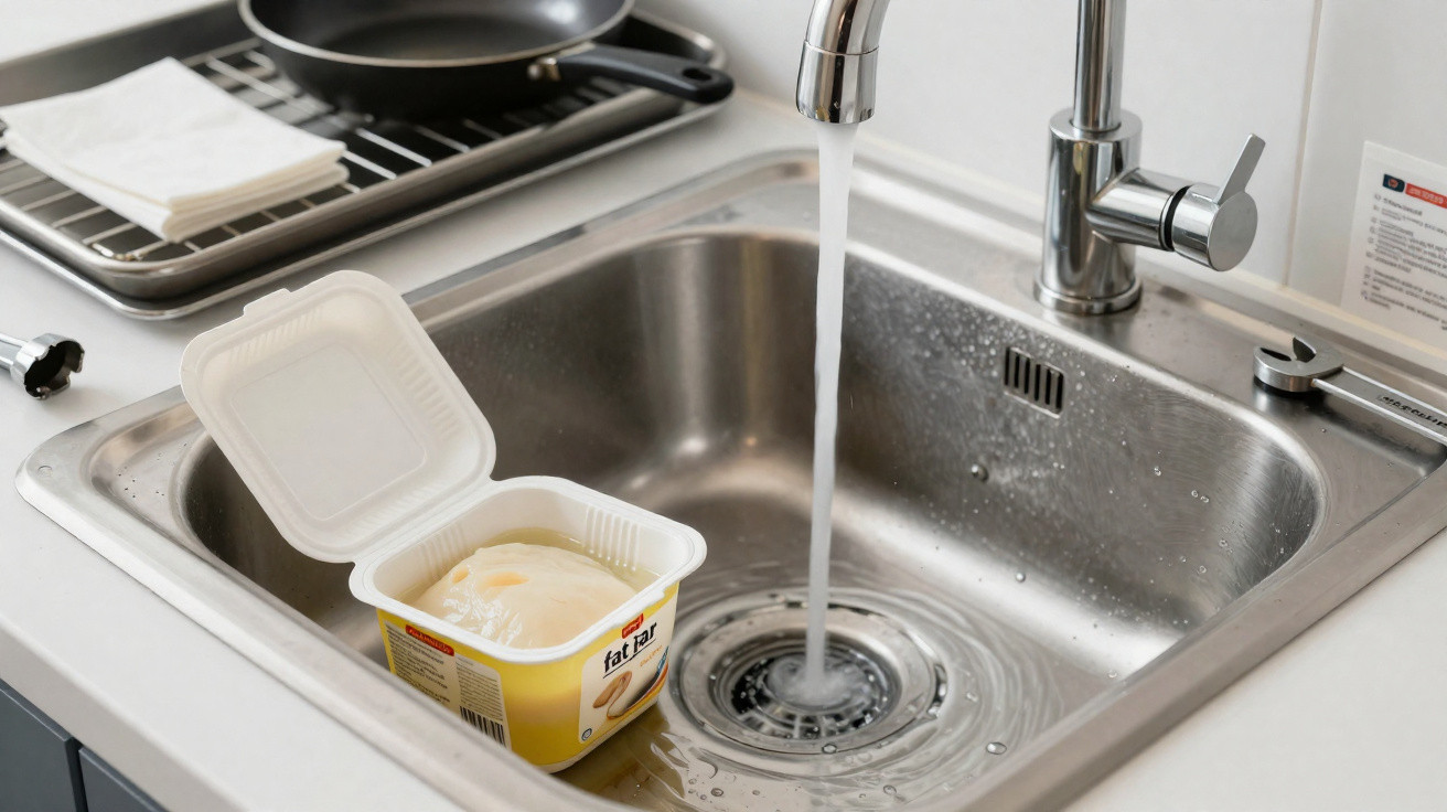 Open tub of fat spread in a stainless steel kitchen sink with water running from the tap.