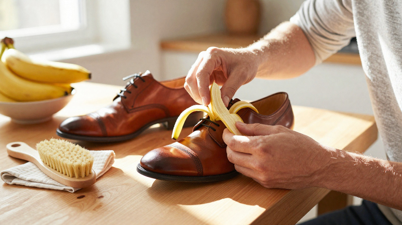 Person peeling a banana over a pair of brown leather shoes on a wooden table with a shoe brush nearby