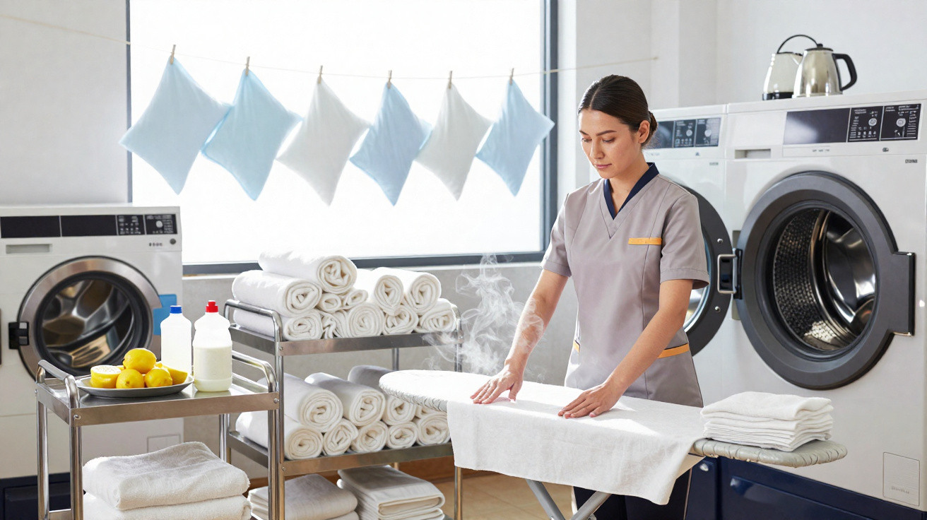 Woman ironing a white towel in a laundry room with washing machines and folded towels nearby.