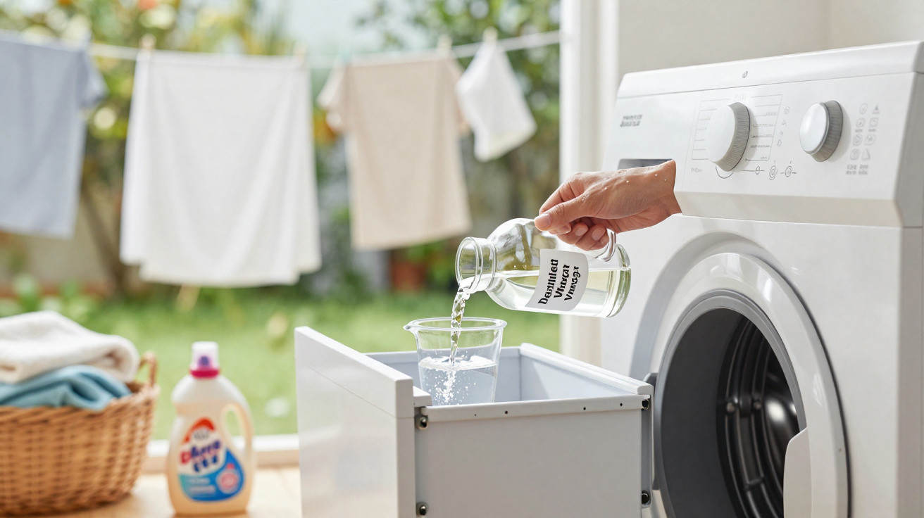 Hand pouring distilled white vinegar into a washing machine dispenser with laundry hanging outside.