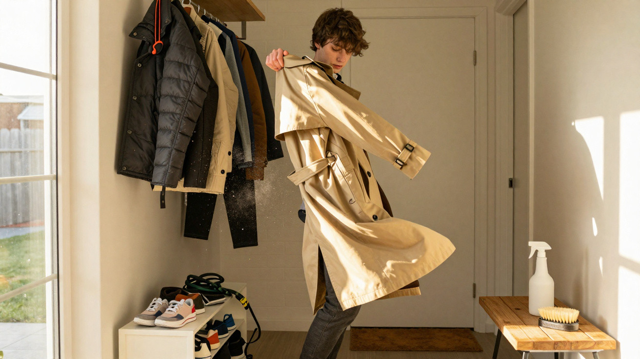 Person shaking out a beige trench coat in a sunlit hallway with jackets and shoes neatly arranged.