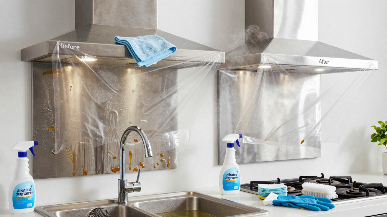 Kitchen extractor hoods showing before and after cleaning with degreaser and cleaning supplies.