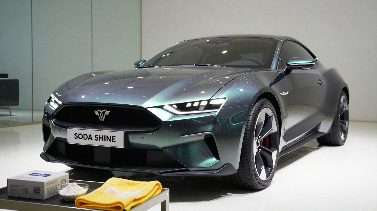 Dark green sports car with sleek design displayed indoors, with cleaning supplies in foreground.