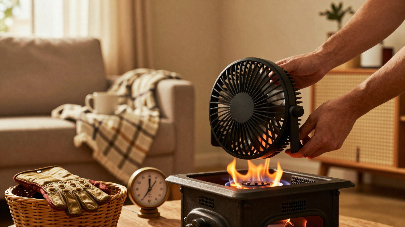 Hands holding a small fan above flames on a stove in a cosy living room with a sofa and gloves nearby.