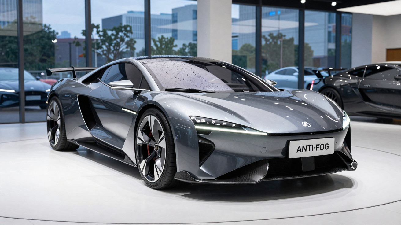 Sleek silver sports car displayed indoors with raindrops on windshield and modern cityscape backdrop.