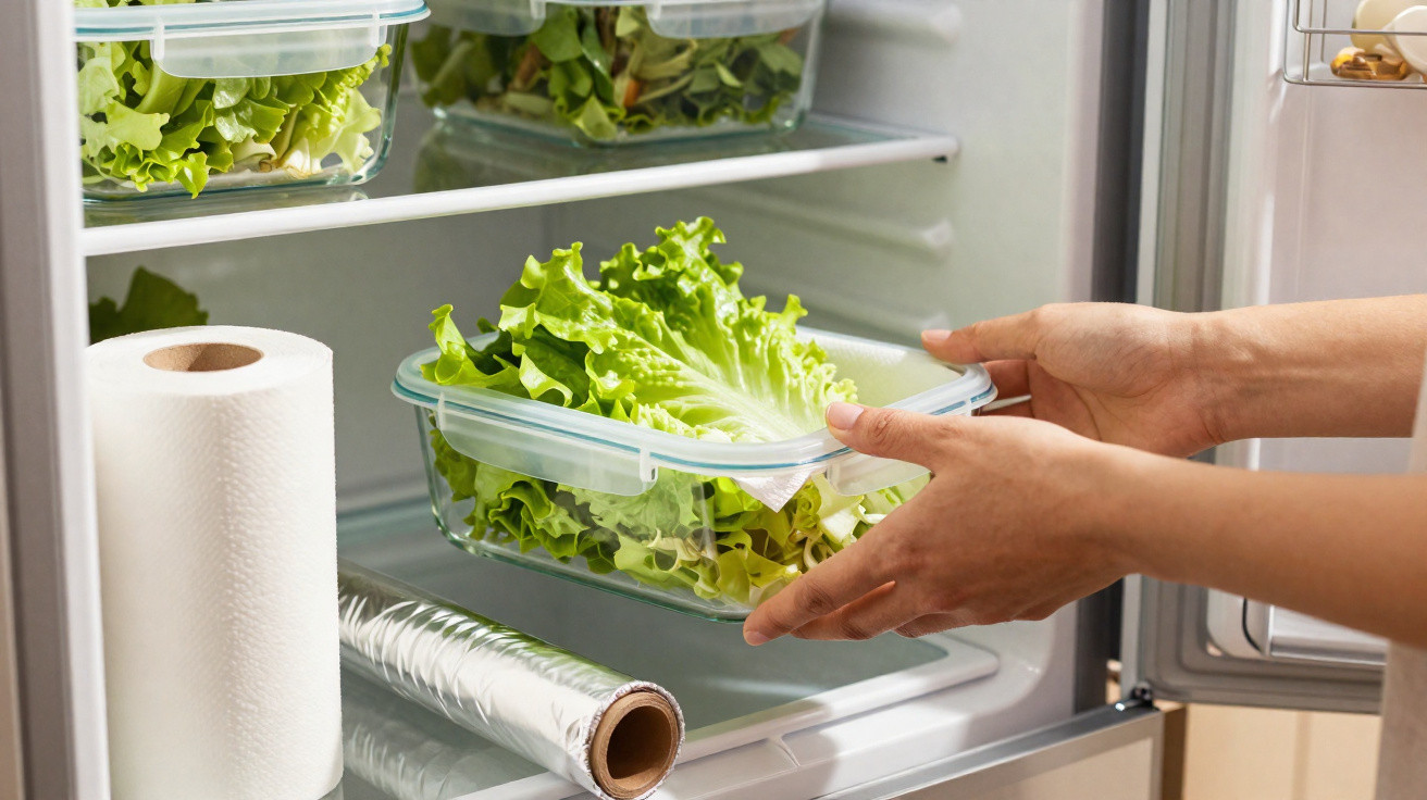 Hands placing a container of fresh green lettuce inside a fridge with paper towel and foil rolls nearby.