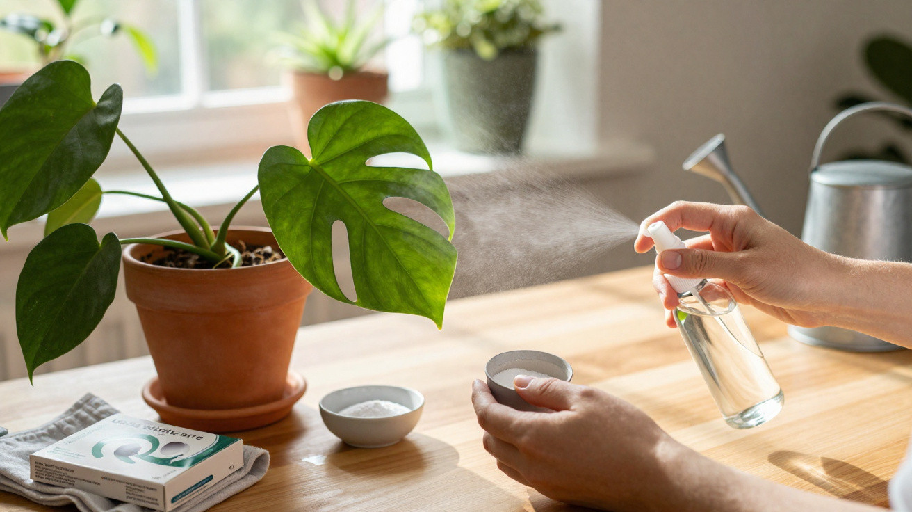 Hands spraying water mist onto a potted monstera plant on a wooden table near a window.
