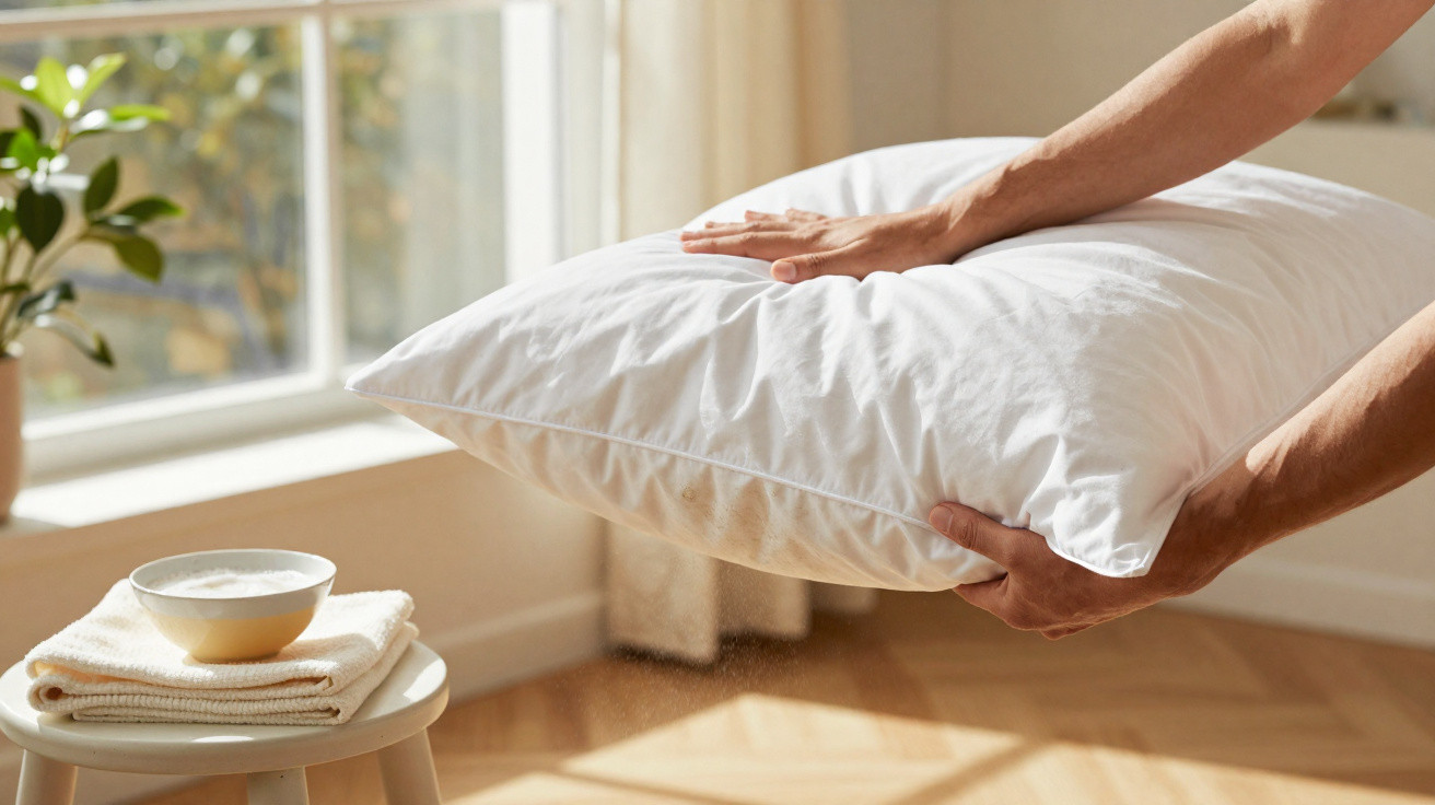 Hands fluffing a white pillow near a sunlit window with a cup and folded towels on a side table.