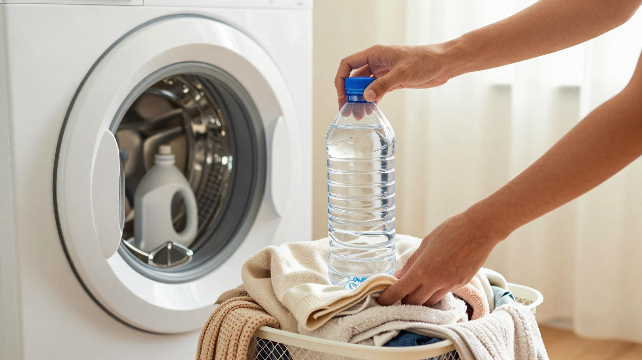 Hands placing a clear water bottle on top of a laundry basket filled with clothes beside a front-loading washing machine.