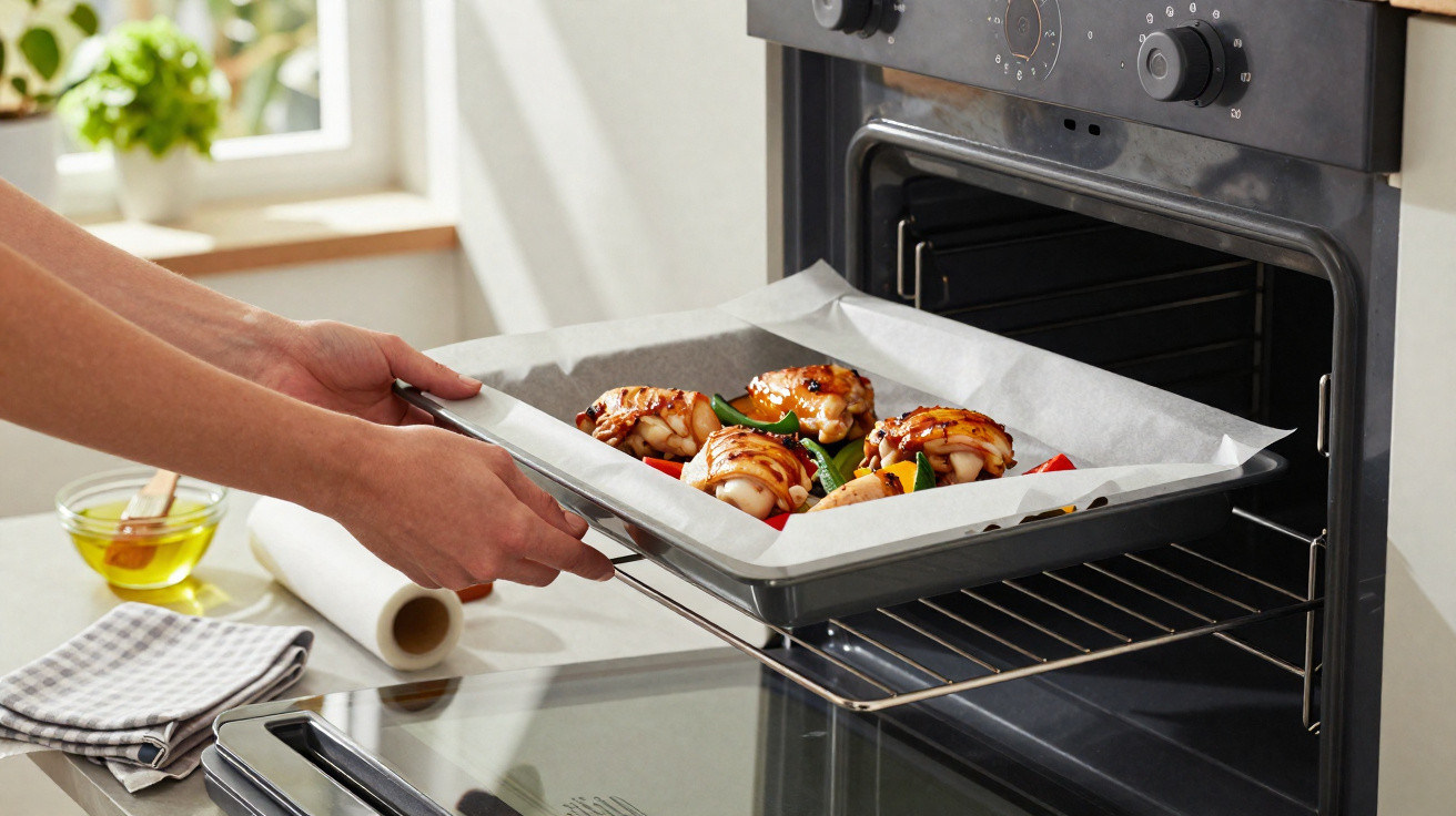 Hands placing a baking tray with grilled chicken and vegetables into an open kitchen oven.