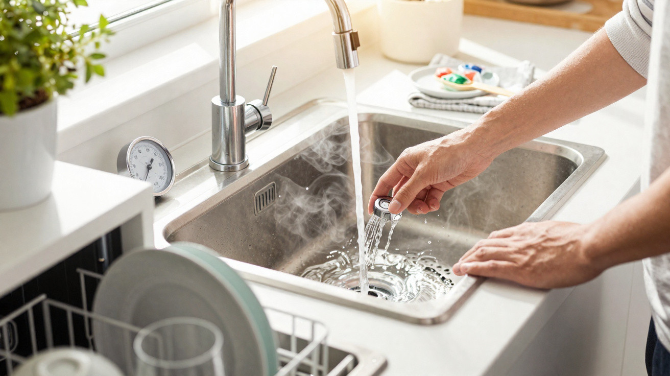 Person rinsing a steaming hot watch under running water in a modern kitchen sink.