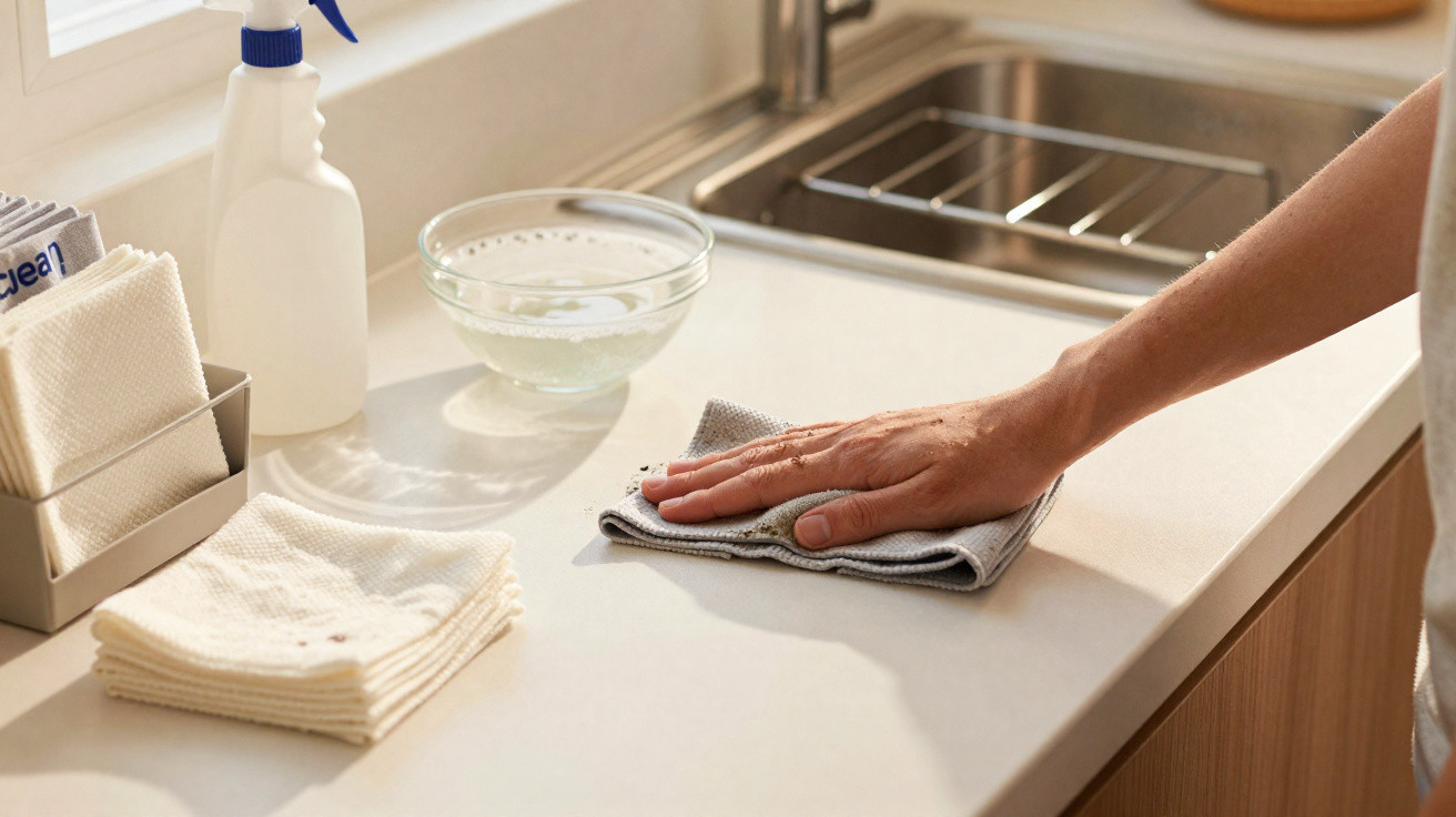 Hand wiping a clean kitchen countertop with a grey cloth beside cleaning supplies and a sink.