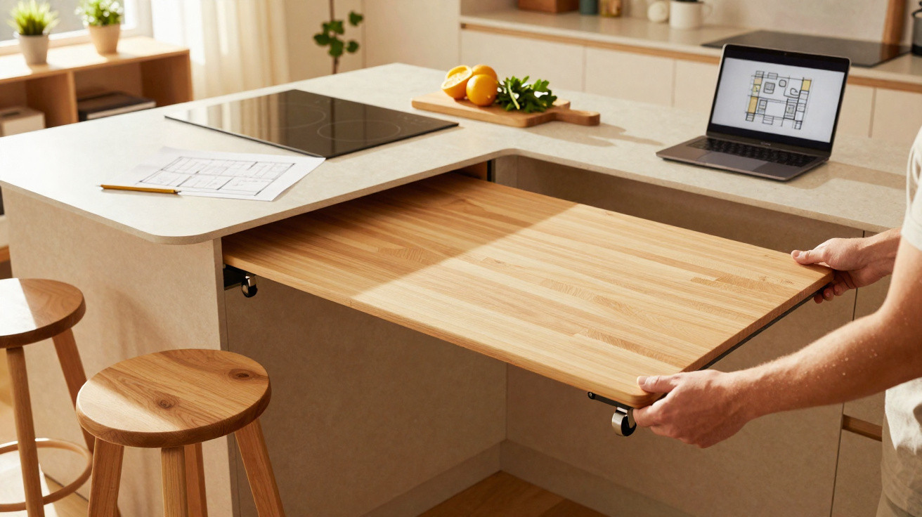 Person extending a wooden pull-out table in a modern kitchen with stools and a laptop on the counter.