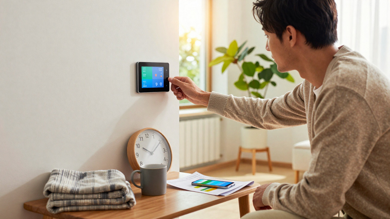 Man adjusting a smart thermostat on a wall in a bright room with a clock, folded blanket, mug, and smartphone on a table.