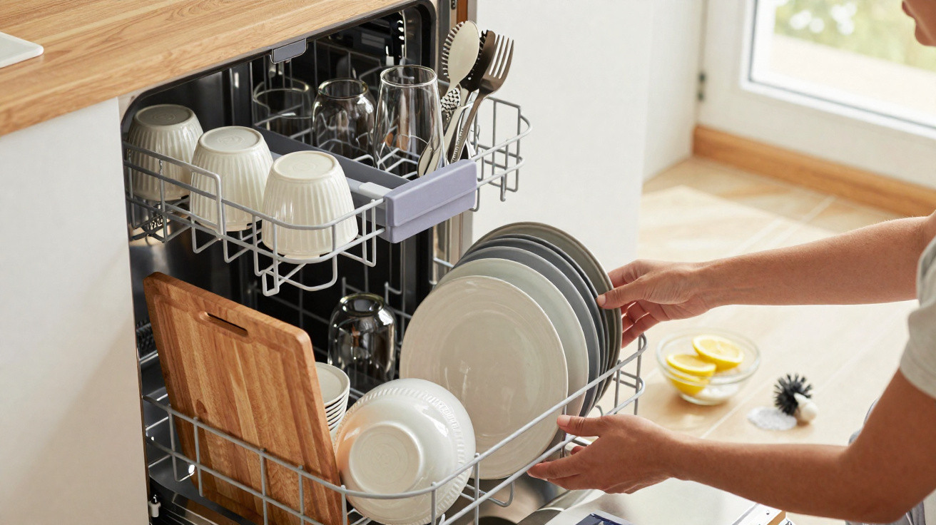 Hands loading clean plates, bowls, and wooden cutting boards into an open dishwasher in a bright kitchen.