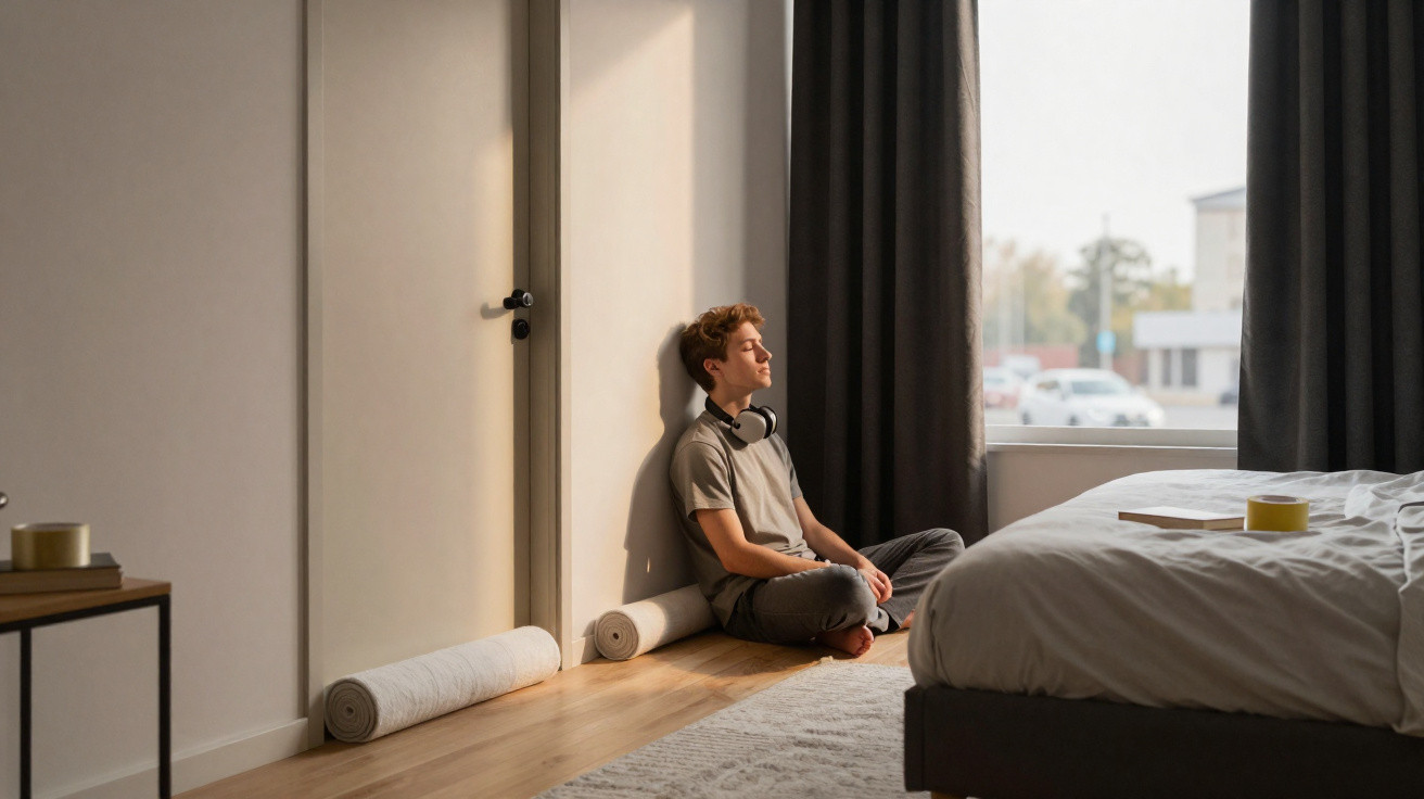 Young man sitting on floor meditating in bedroom with headphones around neck by sunlit window.