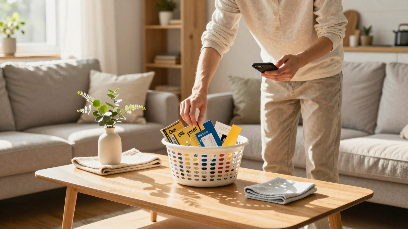 Person placing papers in a basket on a wooden table in a bright living room with grey sofas.