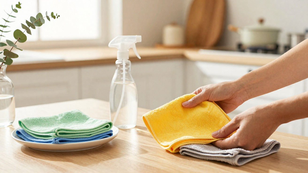 Hands folding a yellow cloth on a wooden kitchen countertop with cleaning cloths and spray bottle nearby.