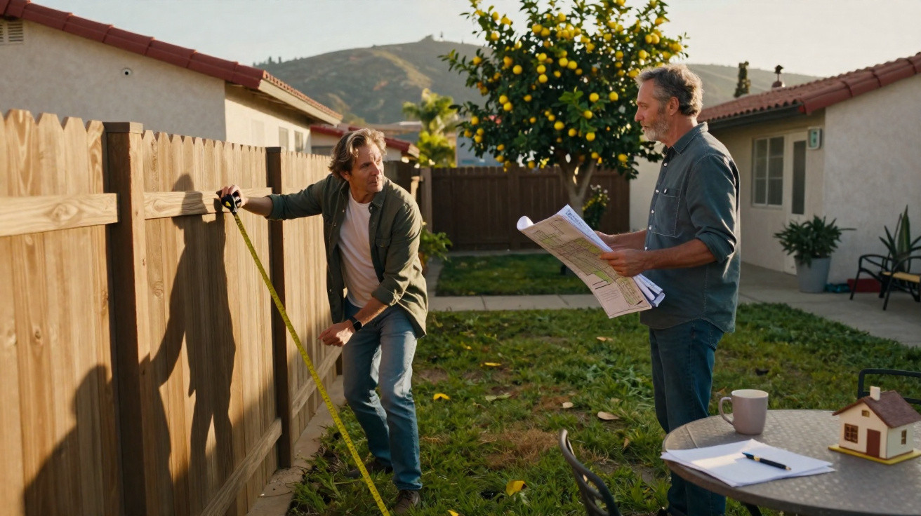 Two men measuring a wooden fence in a backyard with a lemon tree and houses in the background.