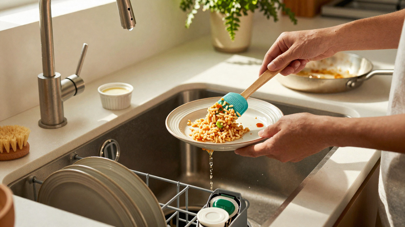 Person scraping food scraps from a plate into a kitchen sink with a dishwashing detergent dispenser.