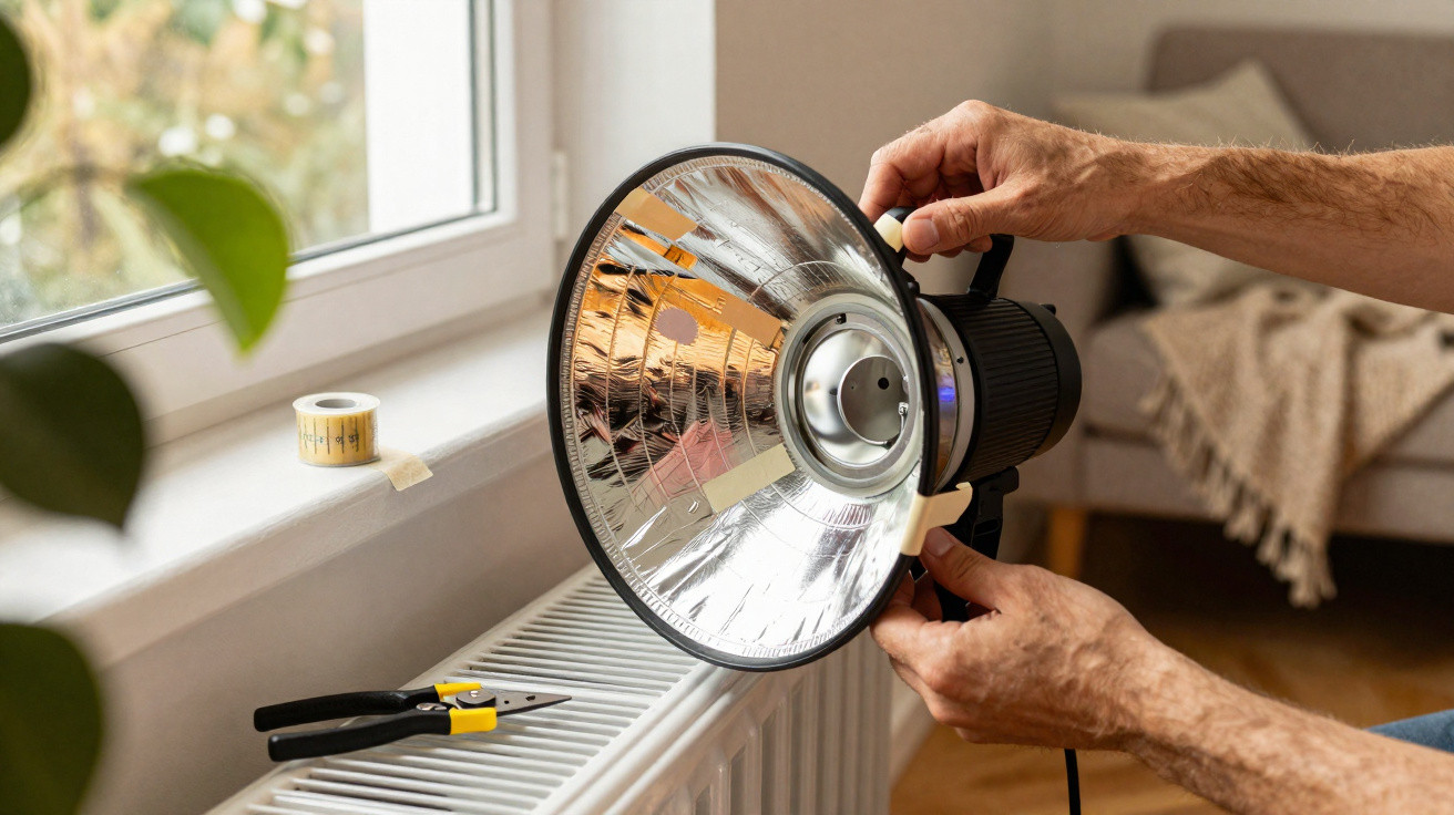 Person adjusting a studio light reflector beside a window with tools on a radiator in a cosy room.