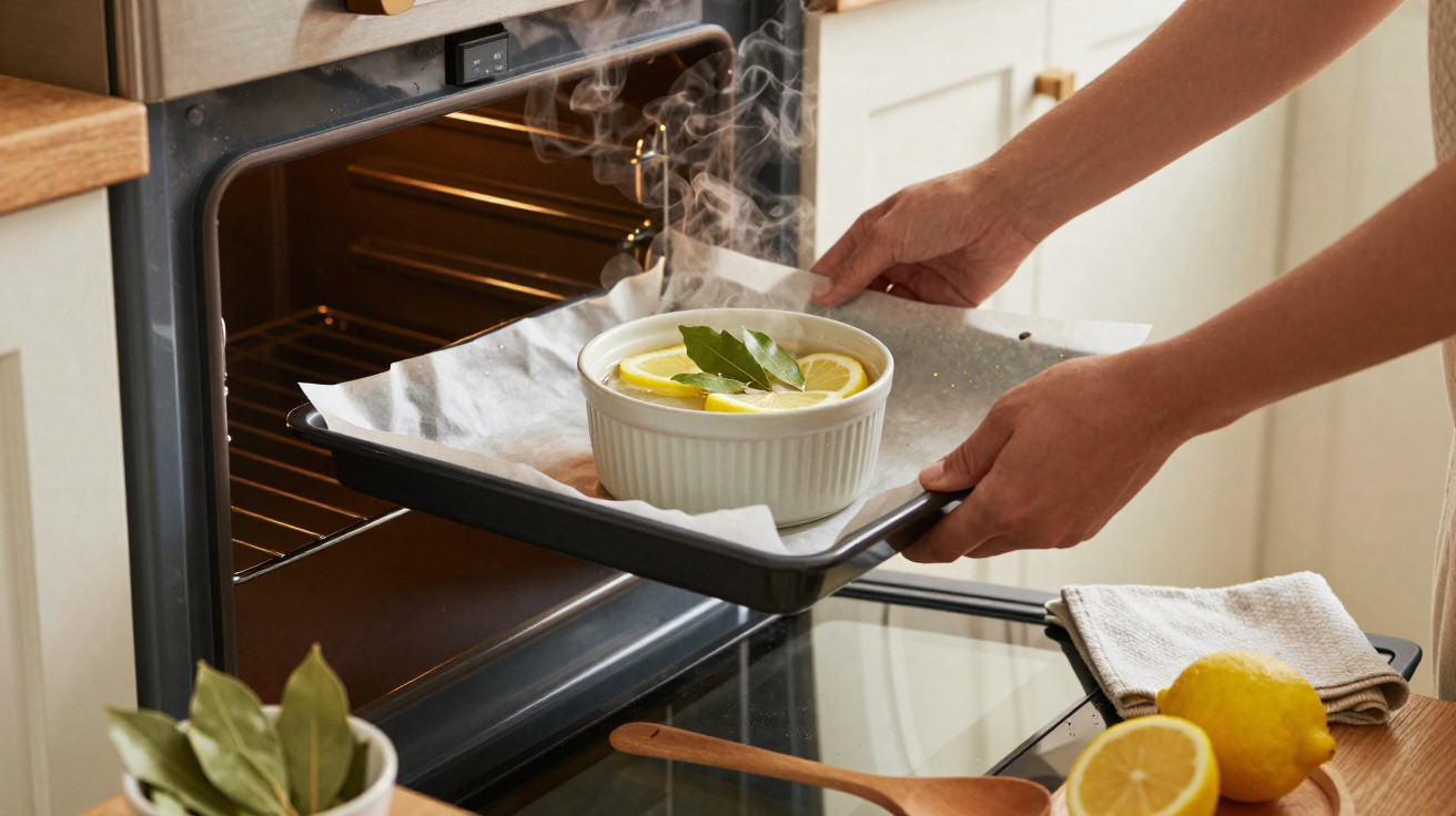 Person removing steaming ceramic dish with lemon and bay leaves from oven in a kitchen setting.