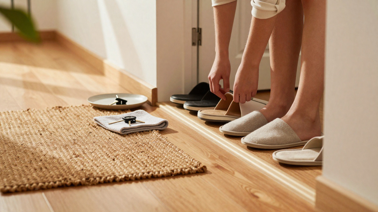 Person wearing slippers next to a row of different slippers on a wooden floor near a woven mat.