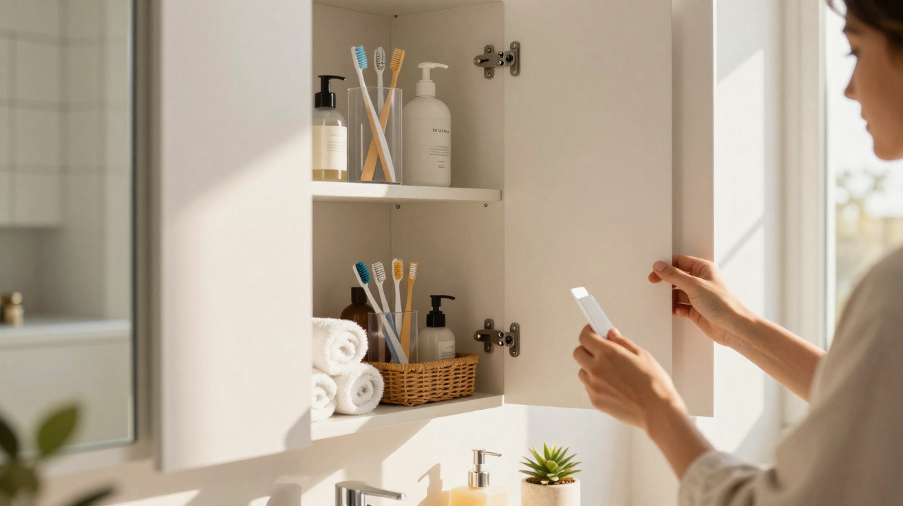 Open bathroom cabinet with toothbrushes and toiletries, person holding a white bottle near window light.